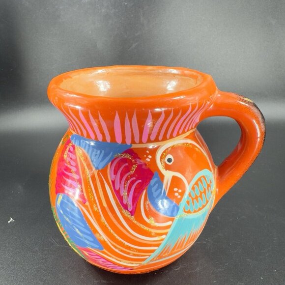 Mexico Tonala Pottery RedWare Coffee Mug Cup Jarrito Hand Painted Birds Vintage - Picture 6 of 13